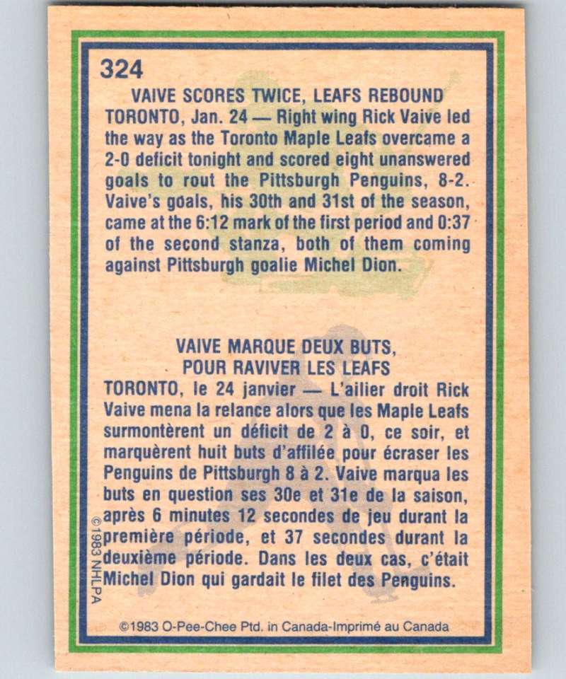 1983-84 O-Pee-Chee #324 Rick Vaive Maple Leafs HL NHL Hockey