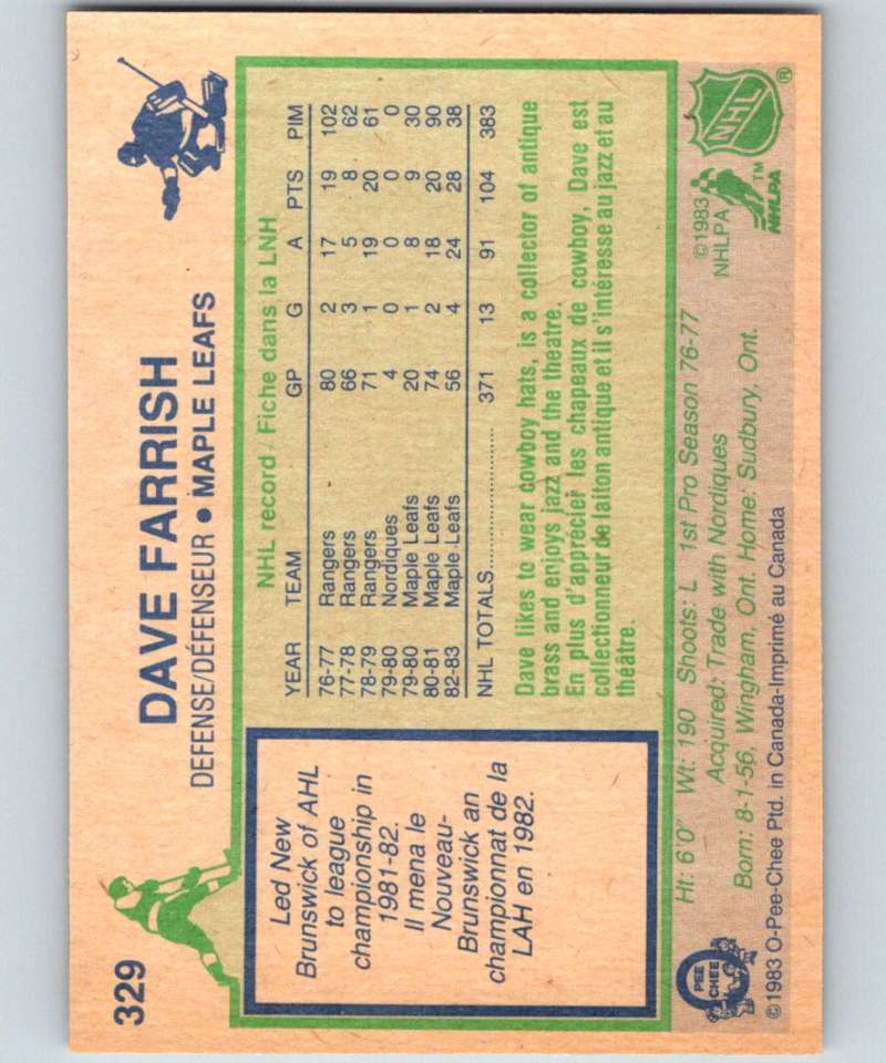 1983-84 O-Pee-Chee #329 Dave Farrish Maple Leafs NHL Hockey