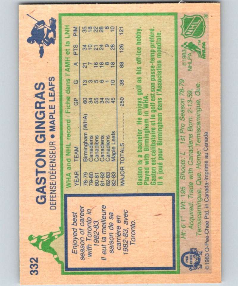 1983-84 O-Pee-Chee #332 Gaston Gingras Maple Leafs NHL Hockey