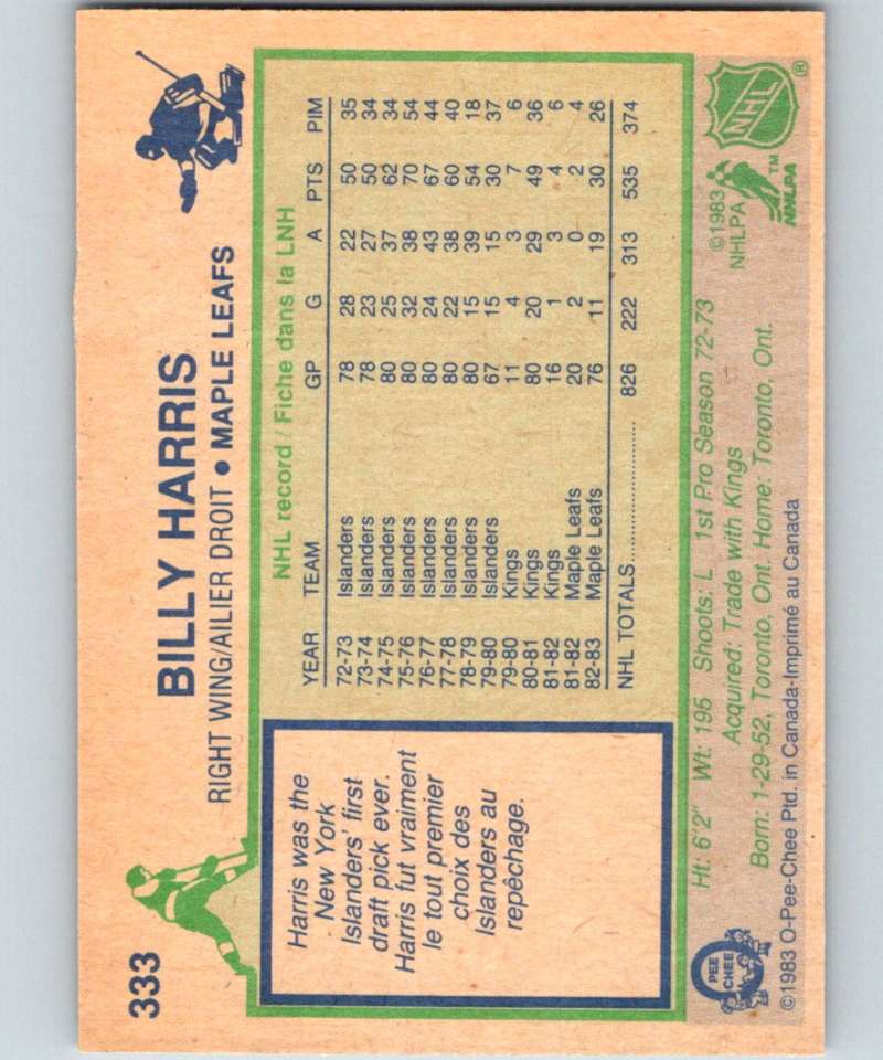1983-84 O-Pee-Chee #333 Billy Harris Maple Leafs NHL Hockey Image 2