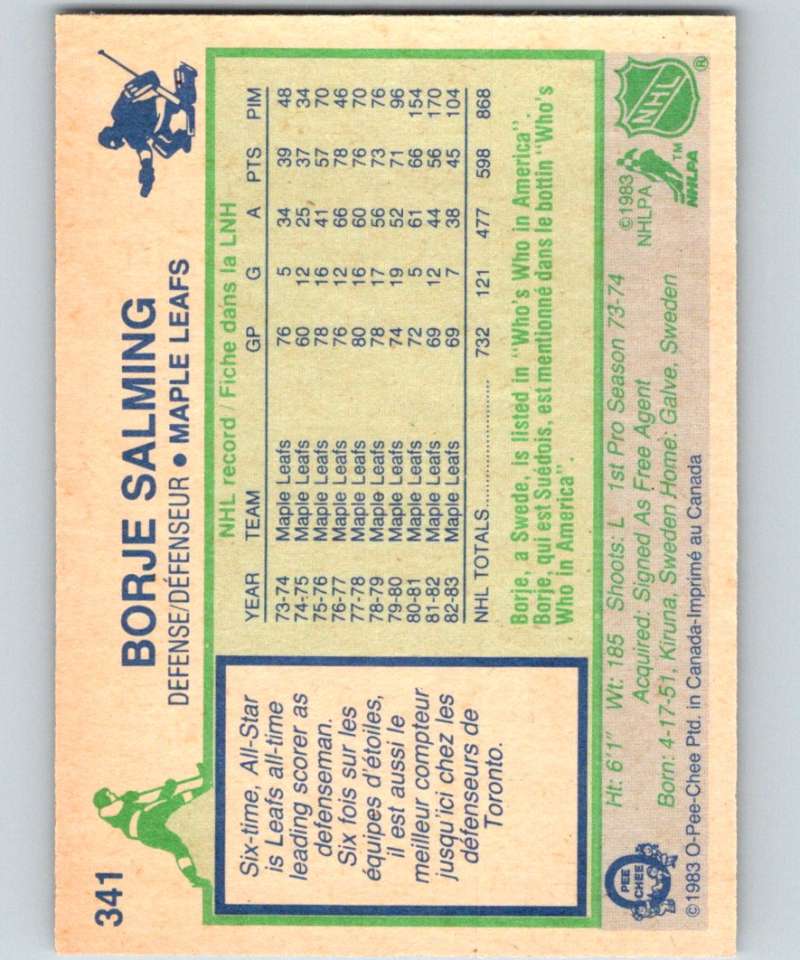 1983-84 O-Pee-Chee #341 Borje Salming Maple Leafs NHL Hockey