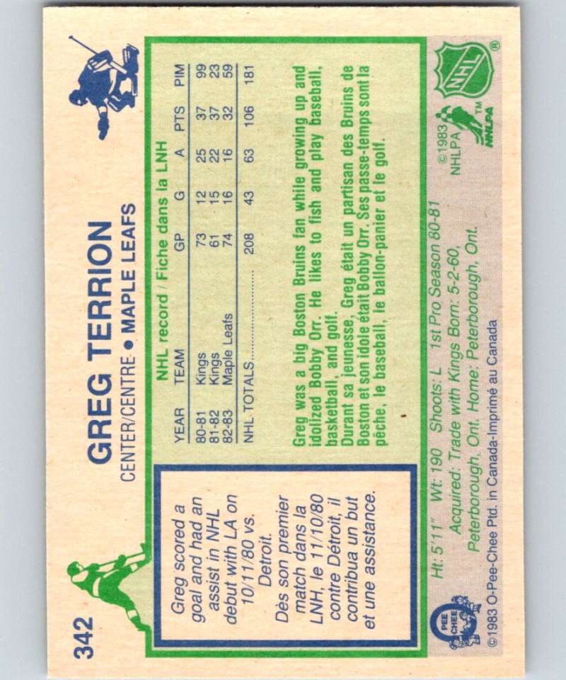 1983-84 O-Pee-Chee #342 Greg Terrion Maple Leafs NHL Hockey