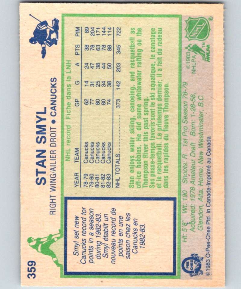 1983-84 O-Pee-Chee #359 Stan Smyl Canucks NHL Hockey