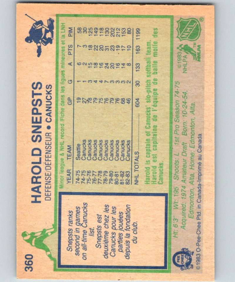 1983-84 O-Pee-Chee #360 Harold Snepsts Canucks NHL Hockey