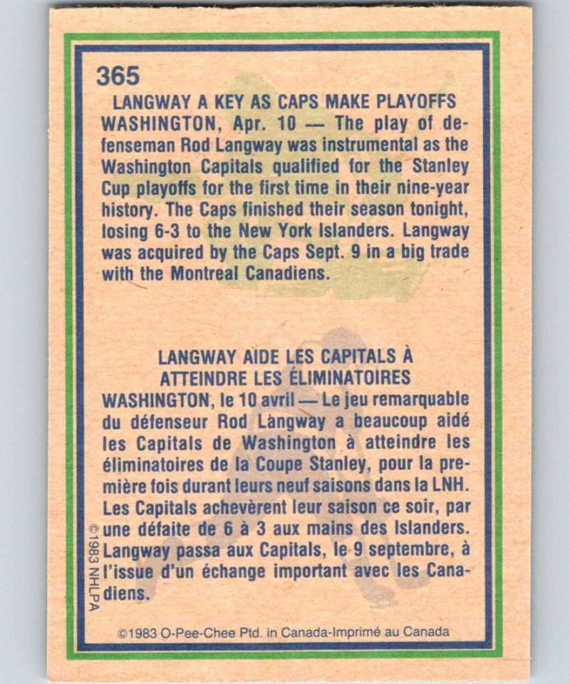 1983-84 O-Pee-Chee #365 Rod Langway Capitals HL NHL Hockey