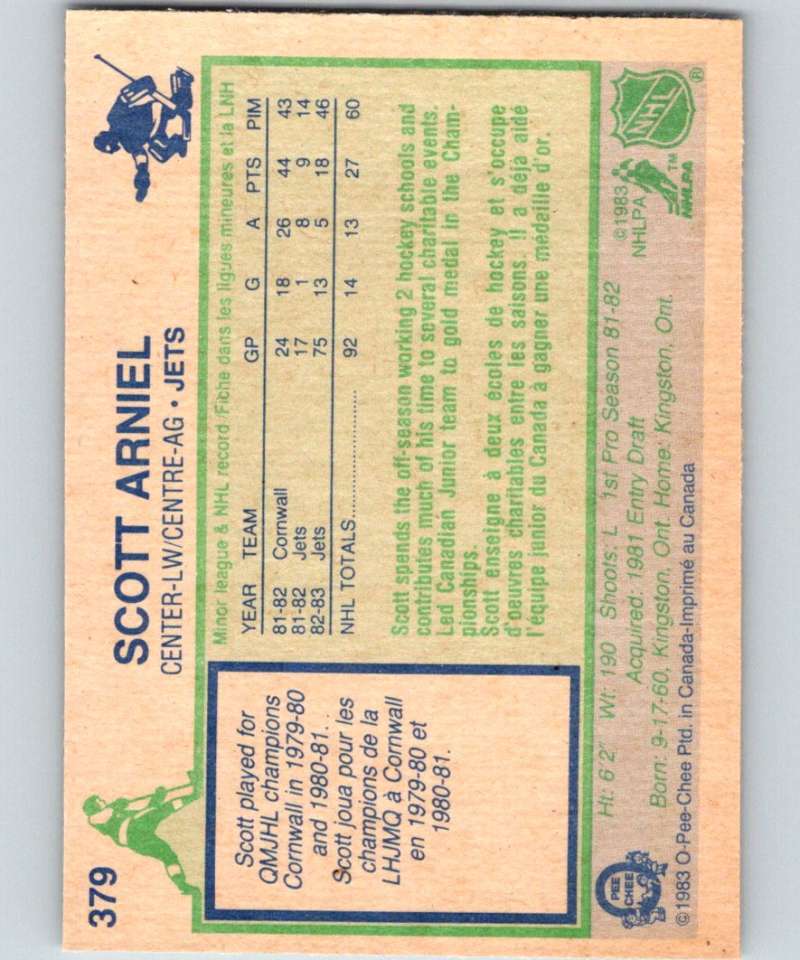1983-84 O-Pee-Chee #379 Scott Arniel RC Rookie Winn Jets NHL Hockey