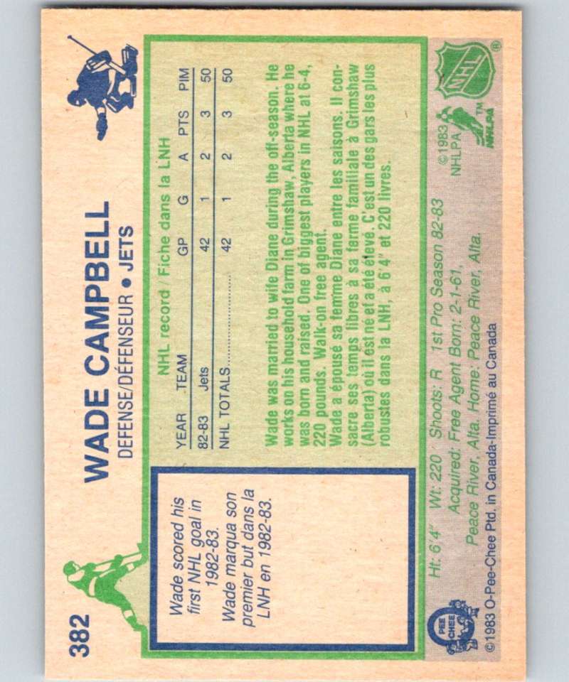 1983-84 O-Pee-Chee #382 Wade Campbell RC Rookie Winn Jets NHL Hockey