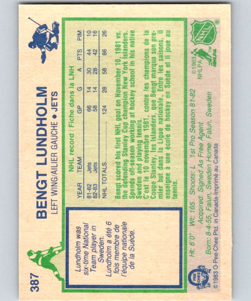 1983-84 O-Pee-Chee #387 Bengt Lundholm Winn Jets NHL Hockey