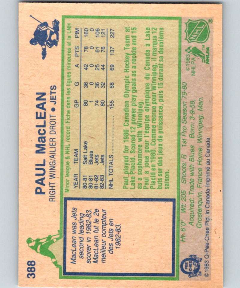 1983-84 O-Pee-Chee #388 Paul MacLean Winn Jets NHL Hockey