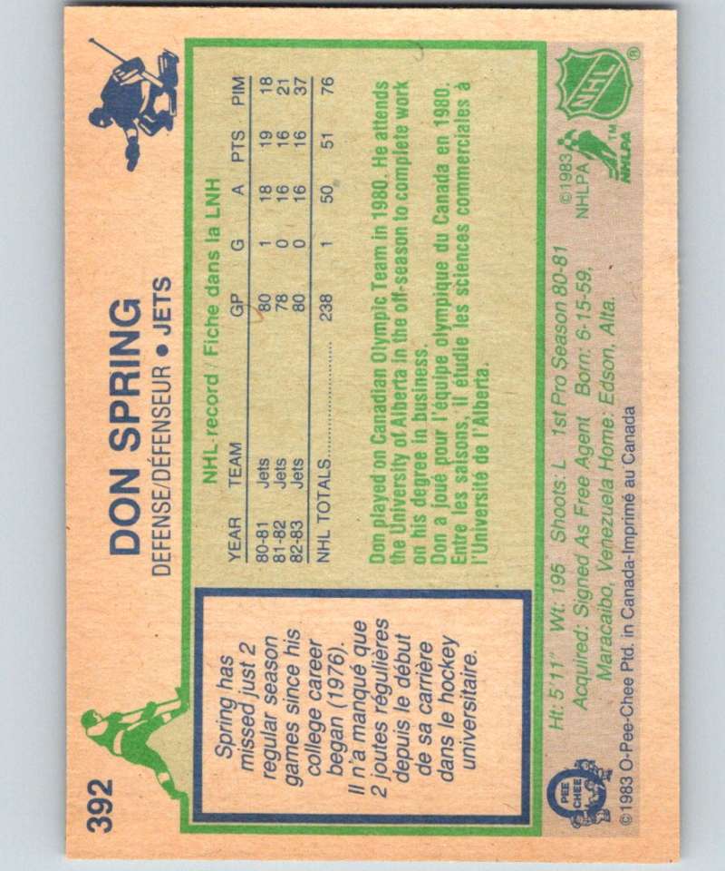 1983-84 O-Pee-Chee #392 Don Spring Winn Jets NHL Hockey