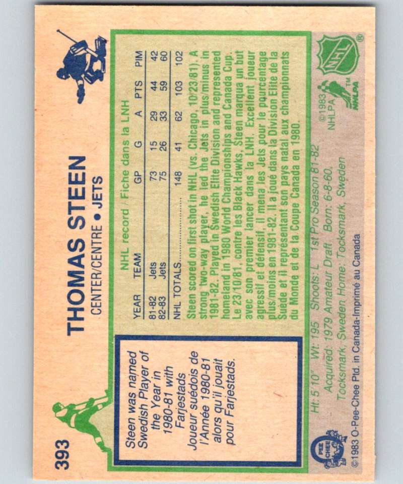 1983-84 O-Pee-Chee #393 Thomas Steen Winn Jets NHL Hockey