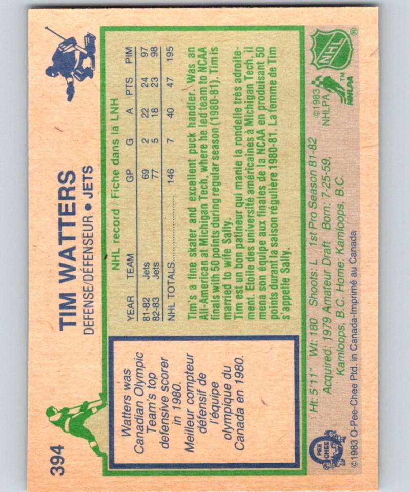 1983-84 O-Pee-Chee #394 Tim Watters Winn Jets NHL Hockey