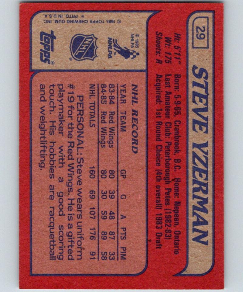 1985-86 Topps #29 Steve Yzerman RC Rookie NM-MT Hockey NHL Red Wings 06695