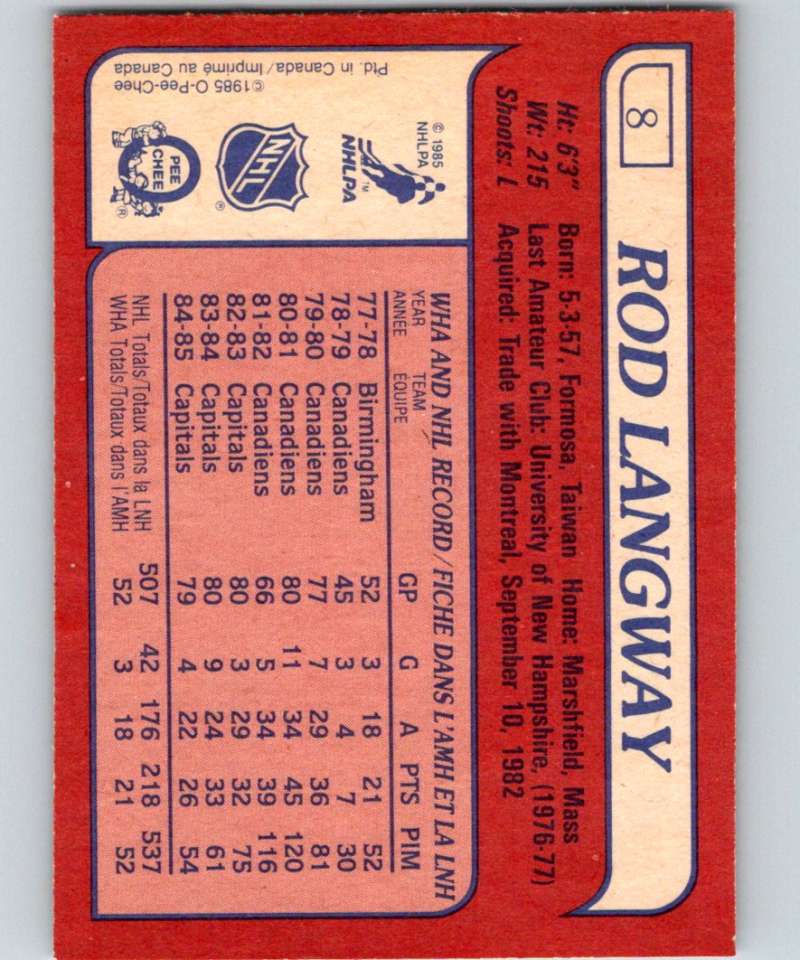 1985-86 O-Pee-Chee #8 Rod Langway Capitals NHL Hockey