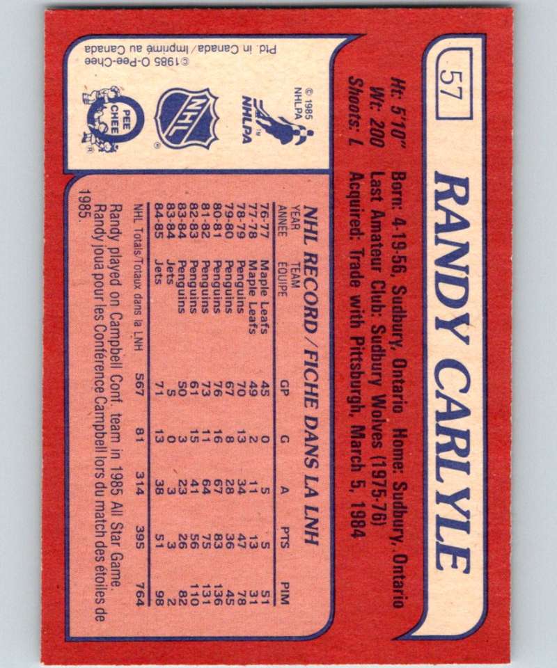 1985-86 O-Pee-Chee #57 Randy Carlyle Winn Jets NHL Hockey