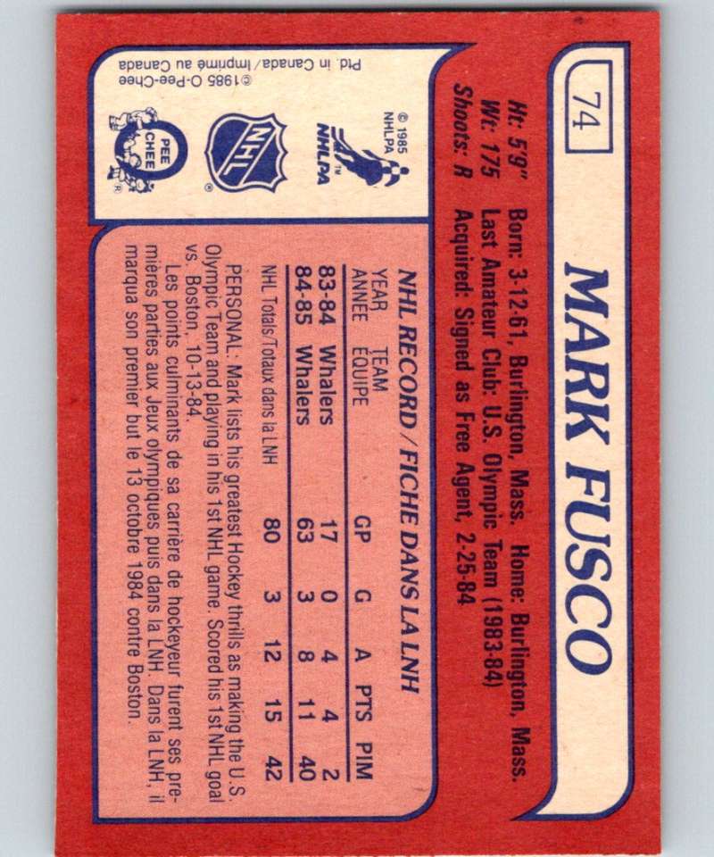 1985-86 O-Pee-Chee #74 Mark Fusco RC Rookie Whalers NHL Hockey