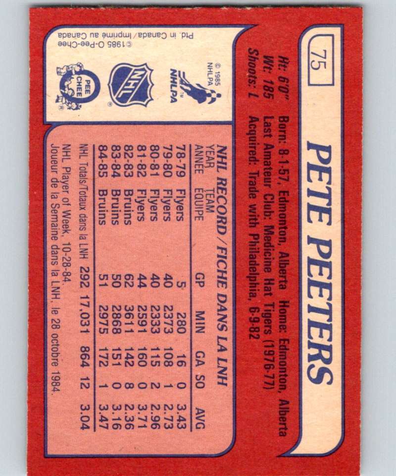 1985-86 O-Pee-Chee #75 Pete Peeters Capitals NHL Hockey
