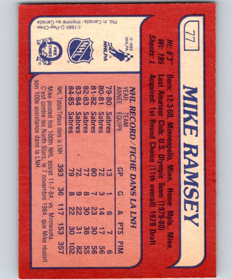 1985-86 O-Pee-Chee #77 Mike Ramsey Sabres NHL Hockey
