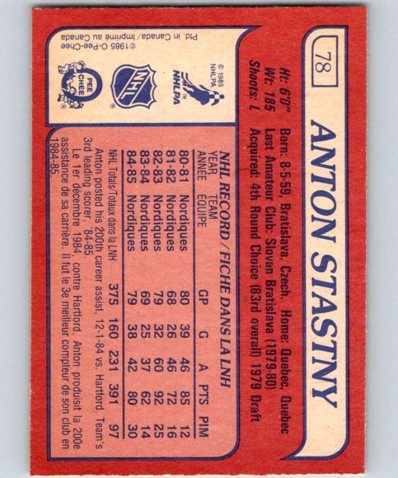 1985-86 O-Pee-Chee #78 Anton Stastny Nordiques NHL Hockey