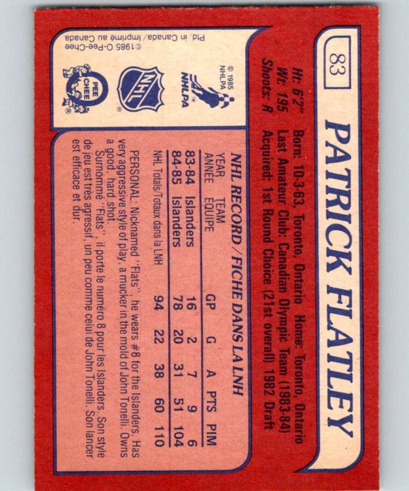 1985-86 O-Pee-Chee #83 Patrick Flatley NY Islanders NHL Hockey