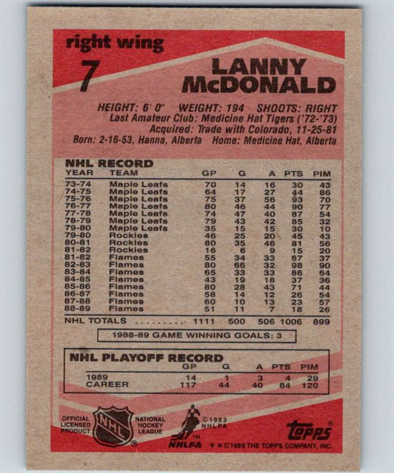 1989-90 Topps #7 Lanny McDonald Flames NHL Hockey