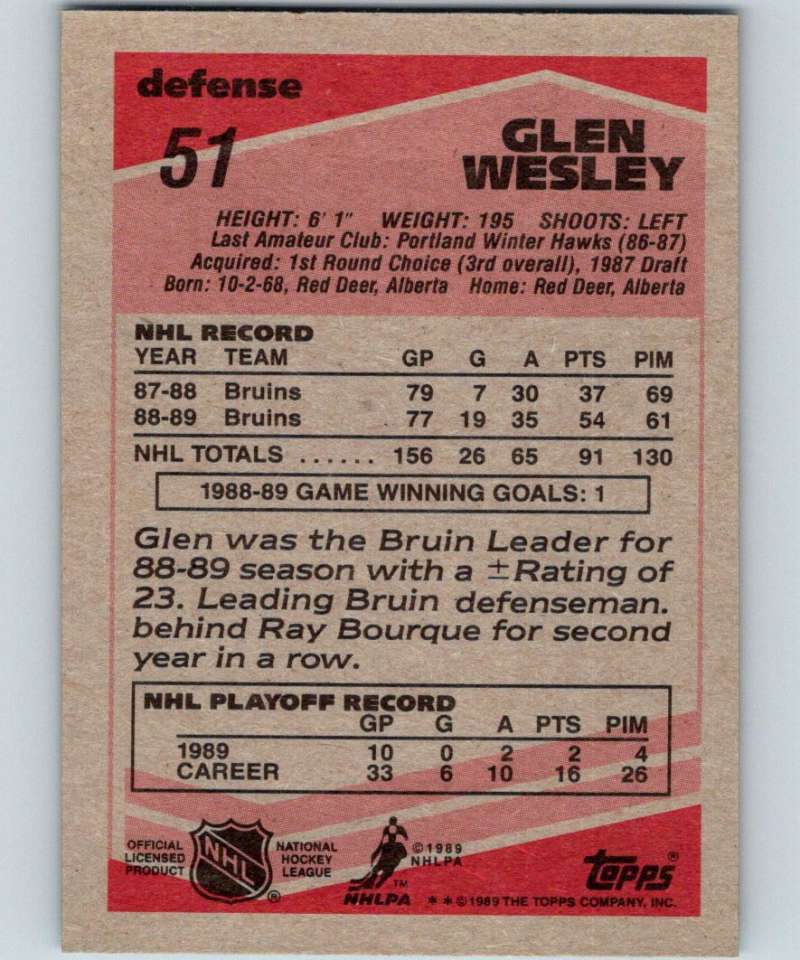 1989-90 Topps #51 Glen Wesley Bruins NHL Hockey Image 2