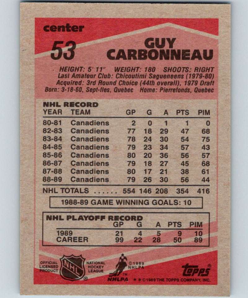 1989-90 Topps #53 Guy Carbonneau Canadiens NHL Hockey Image 2