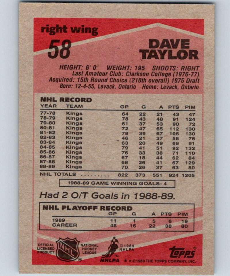 1989-90 Topps #58 Dave Taylor Kings NHL Hockey Image 2