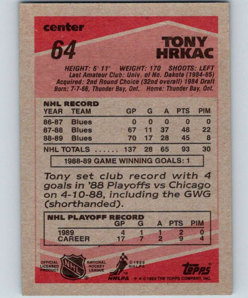 1989-90 Topps #64 Tony Hrkac Blues NHL Hockey Image 2