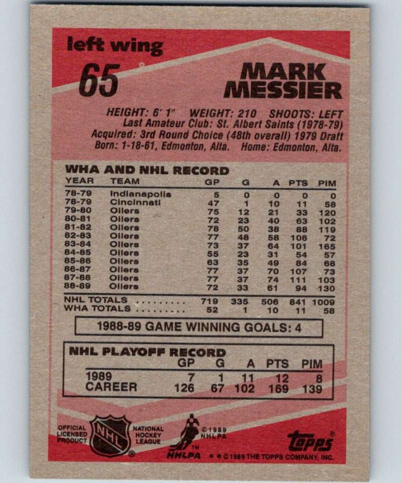 1989-90 Topps #65 Mark Messier Oilers NHL Hockey Image 2