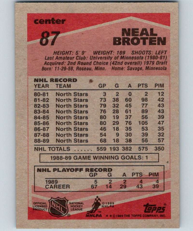 1989-90 Topps #87 Neal Broten North Stars NHL Hockey