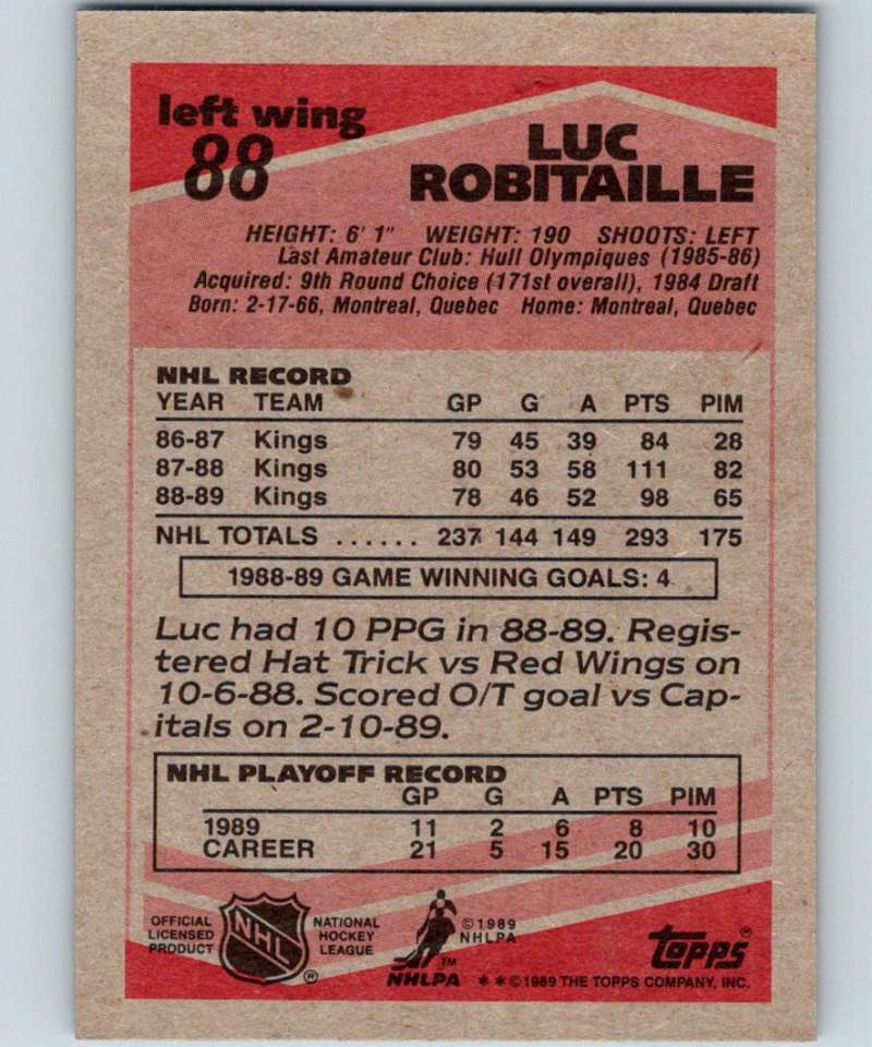1989-90 Topps #88 Luc Robitaille Kings NHL Hockey