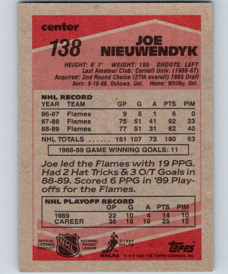 1989-90 Topps #138 Joe Nieuwendyk Flames NHL Hockey Image 2