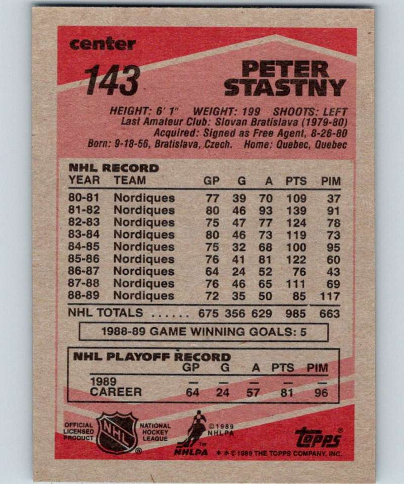 1989-90 Topps #143 Peter Stastny Nordiques NHL Hockey Image 2