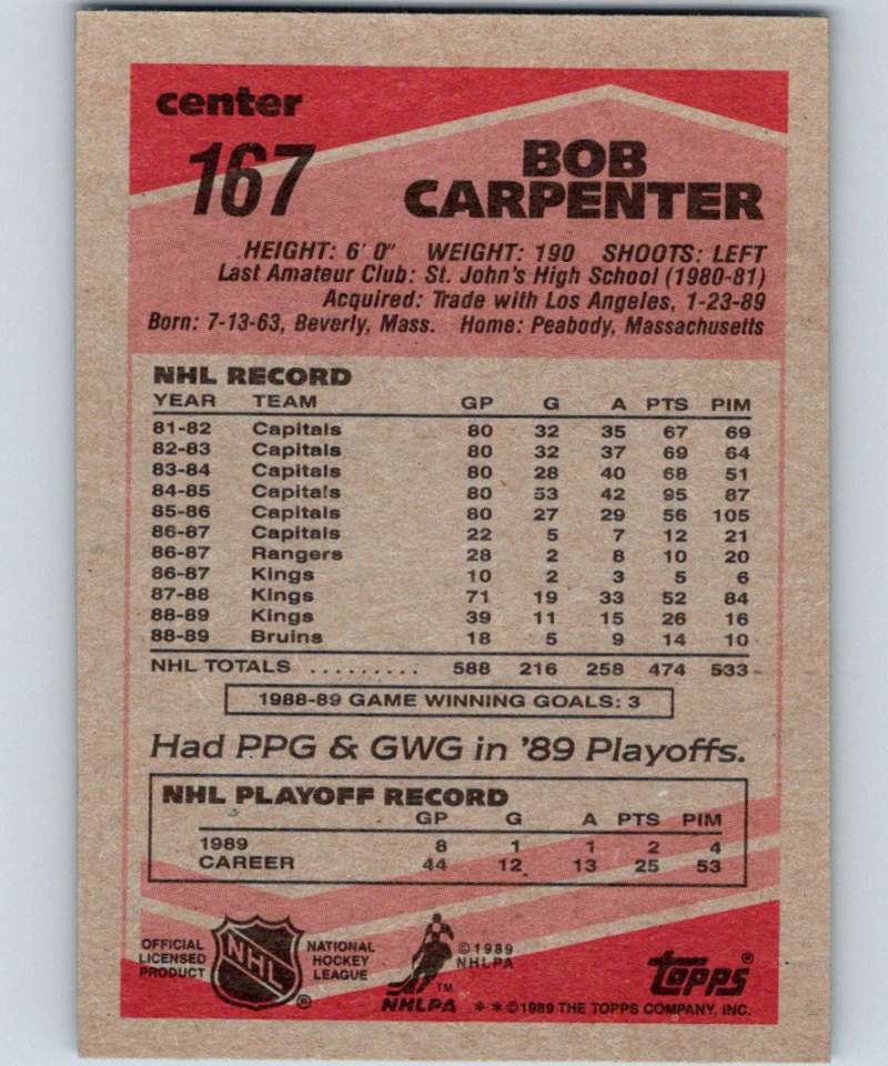 1989-90 Topps #167 Bob Carpenter Bruins NHL Hockey Image 2