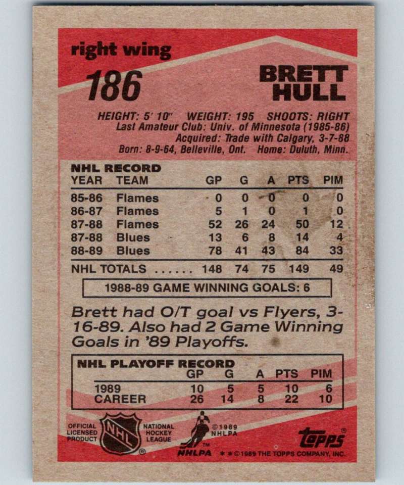 1989-90 Topps #186 Brett Hull Blues NHL Hockey Image 2