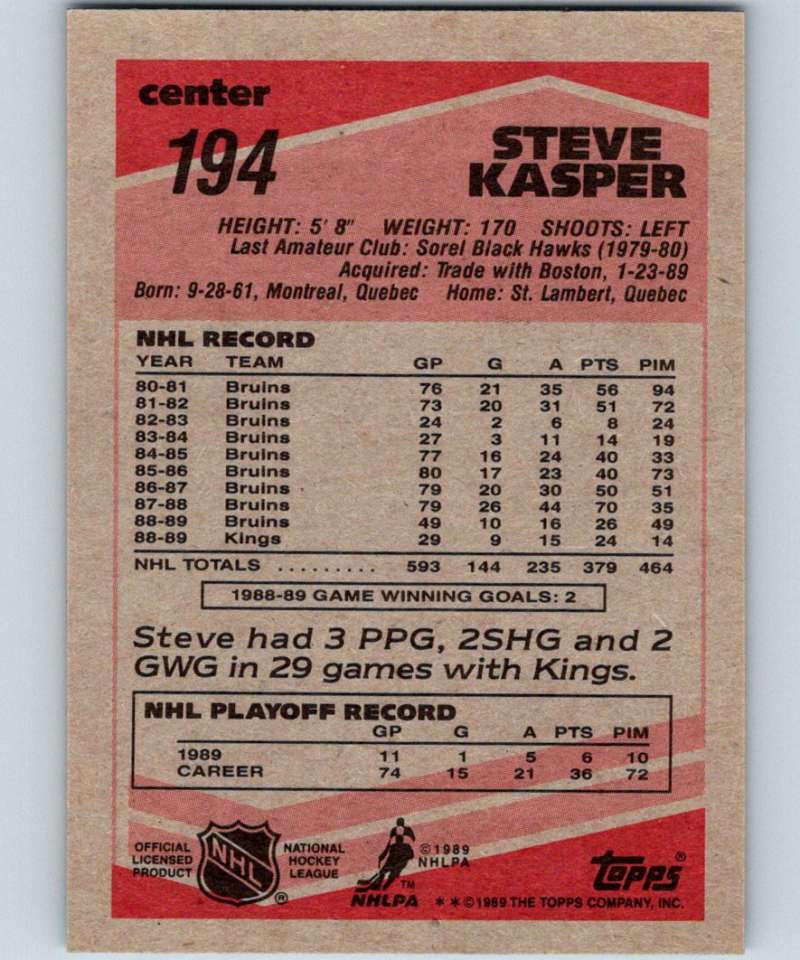 1989-90 Topps #194 Steve Kasper Kings NHL Hockey Image 2