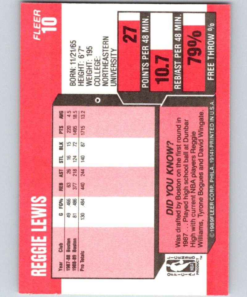 1989-90 Fleer #10 Reggie Lewis RC Rookie Celtics NBA Baseketball Image 2