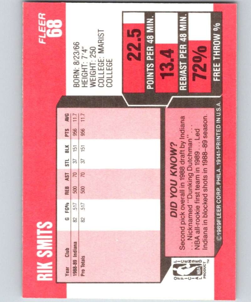 1989-90 Fleer #68 Rik Smits RC Rookie Pacers NBA Baseketball Image 2