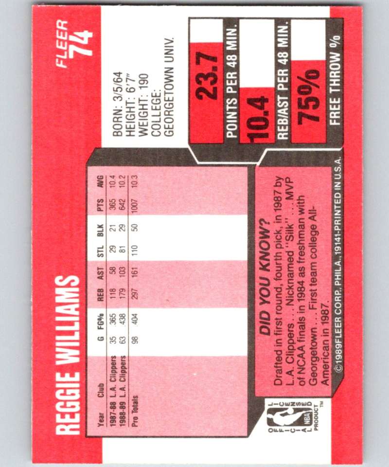 1989-90 Fleer #74 Reggie Williams RC Rookie Clippers NBA Baseketball Image 2
