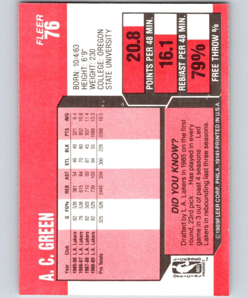 1989-90 Fleer #76 A.C. Green Lakers NBA Baseketball Image 2
