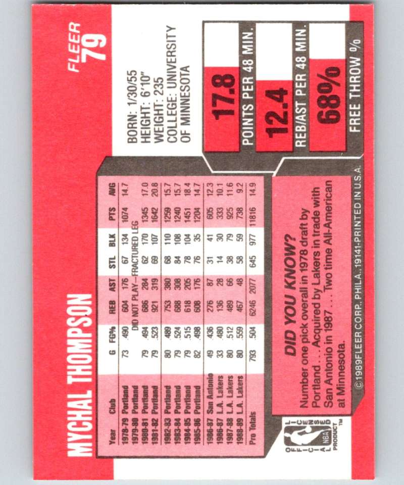 1989-90 Fleer #79 Mychal Thompson Lakers NBA Baseketball Image 2