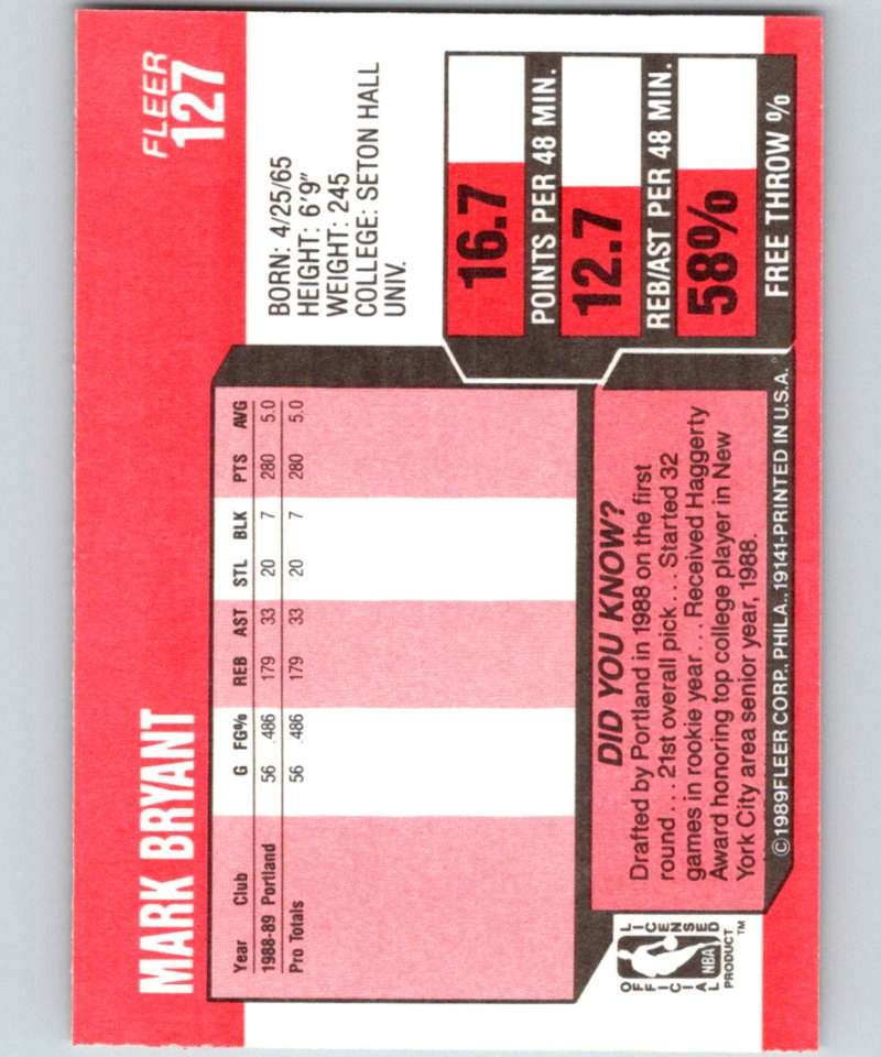 1989-90 Fleer #127 Mark Bryant RC Rookie Blazers NBA Baseketball Image 2