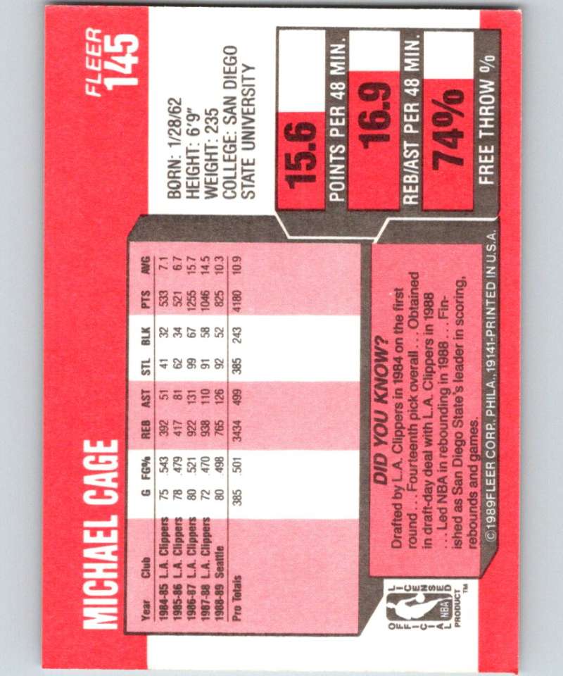 1989-90 Fleer #145 Michael Cage NBA Baseketball Image 2