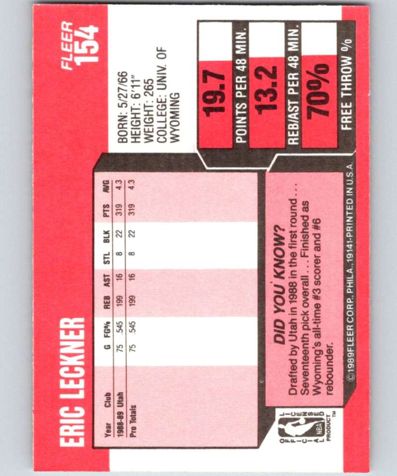 1989-90 Fleer #154 Eric Leckner Jazz NBA Baseketball