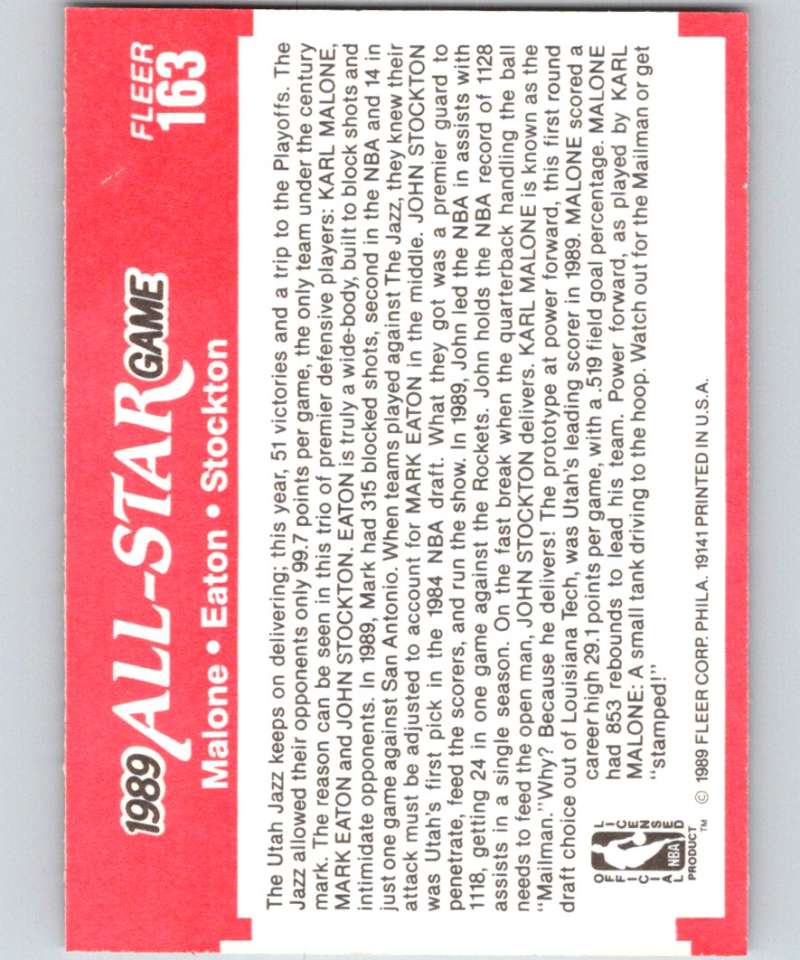 1989-90 Fleer #163 Karl Malone/Mark Eaton/John Stockton AS NBA Baseketball Image 2