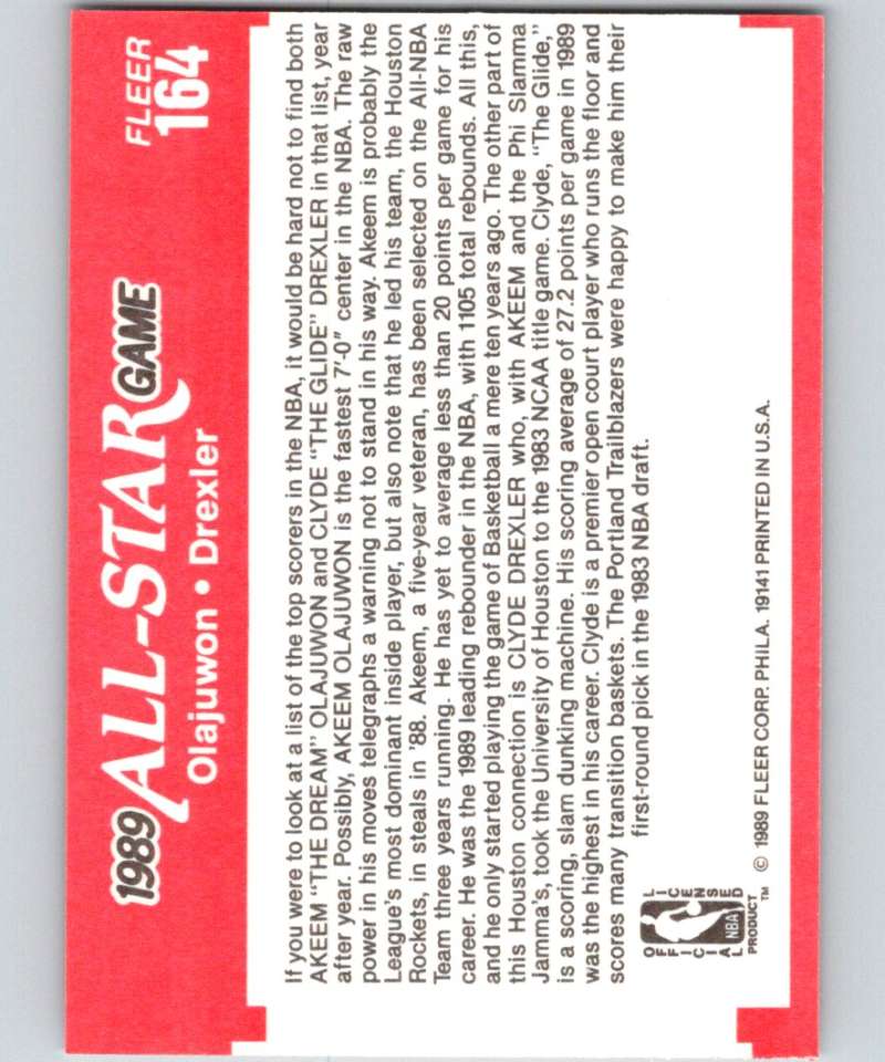 1989-90 Fleer #164 Hakeem Olajuwan/Clyde Drexler AS NBA Baseketball Image 2