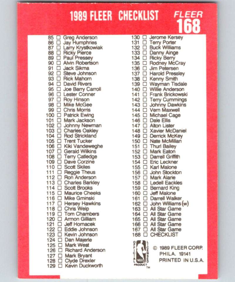 1989-90 Fleer #168 Checklist NBA Baseketball Image 2