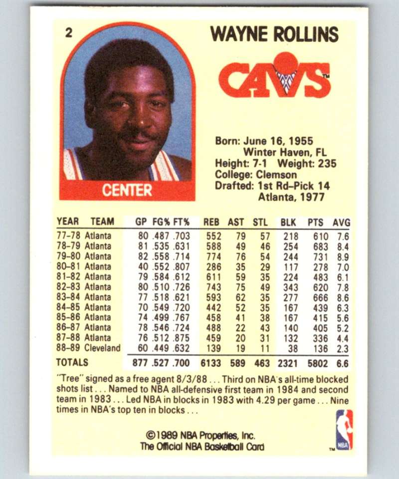 1989-90 Hoops #2 Tree Rollins Cavaliers NBA Basketball Image 2