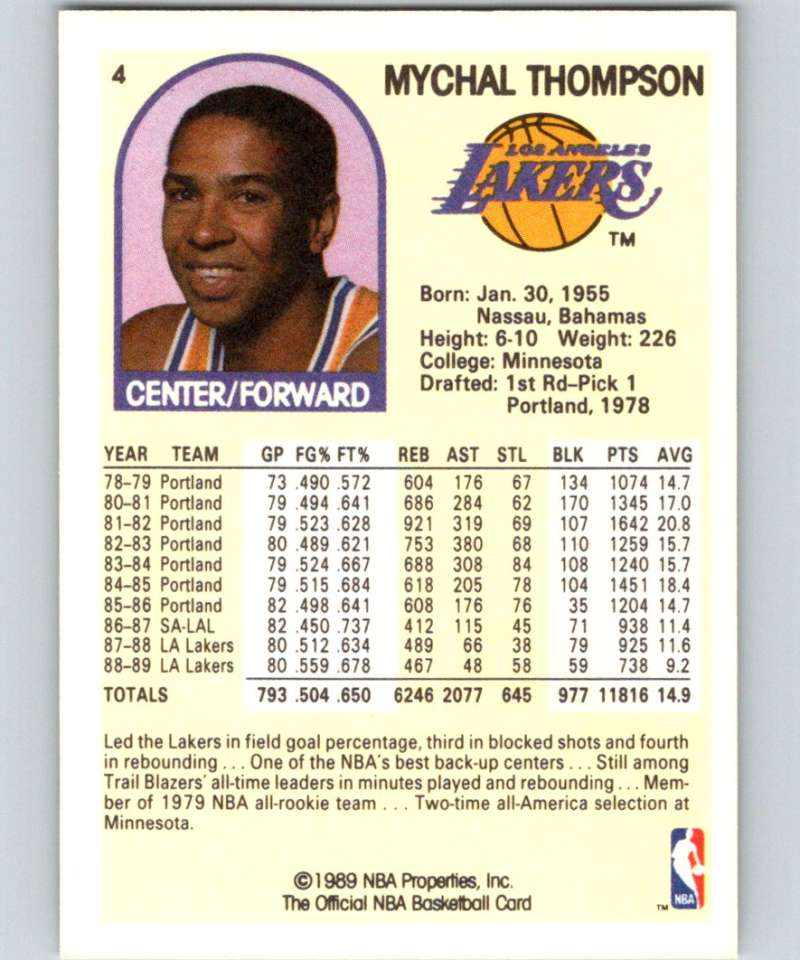 1989-90 Hoops #4 Mychal Thompson Lakers NBA Basketball Image 2